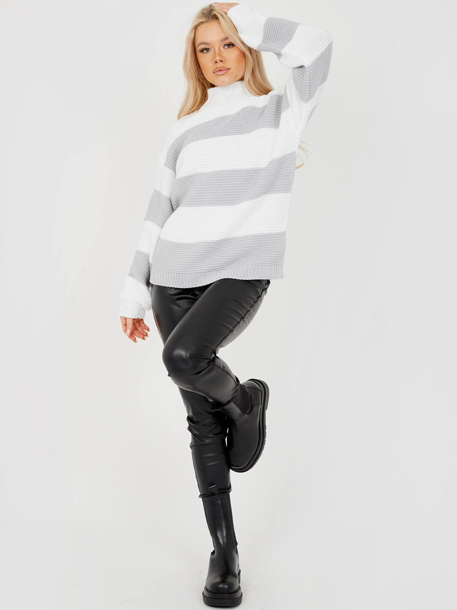 Funnel Neck Striped Knitted Jumper