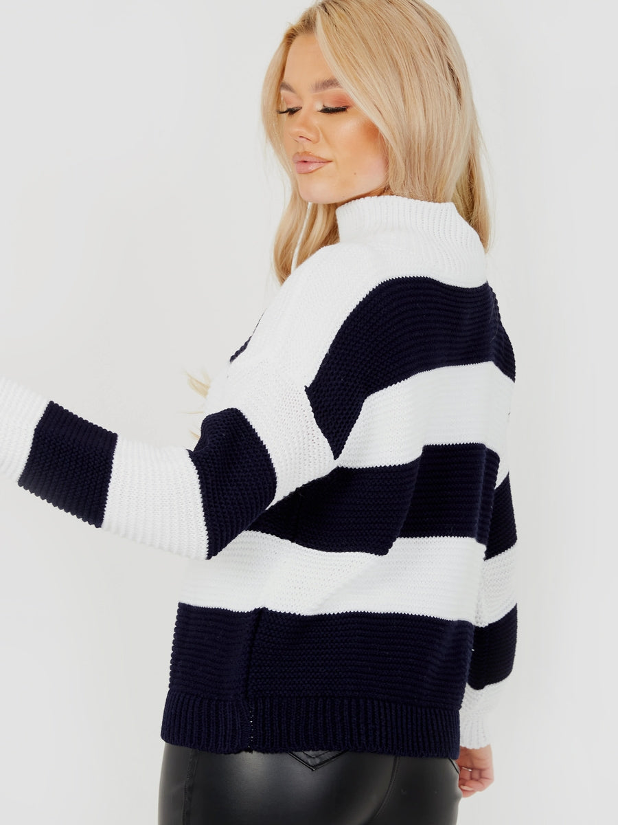 Funnel Neck Striped Knitted Jumper