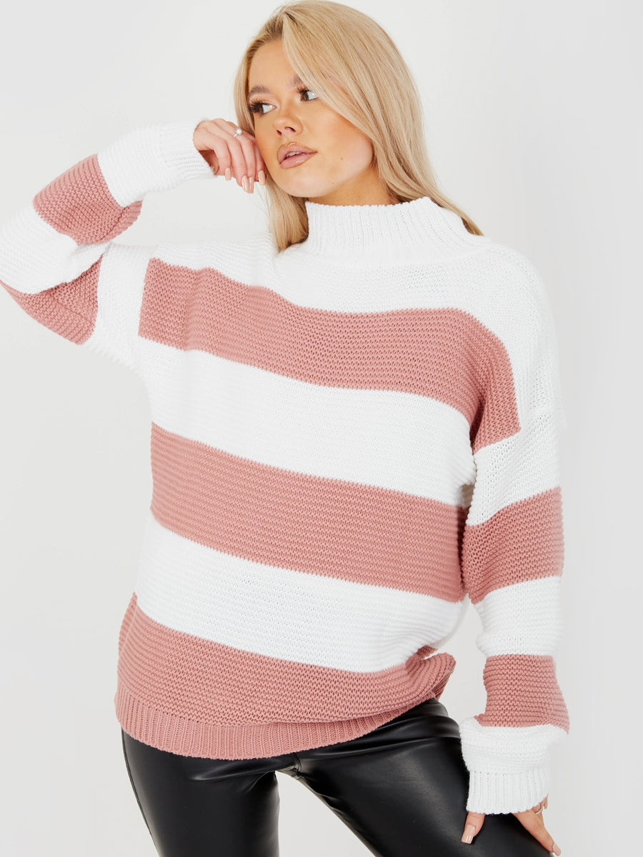 Funnel Neck Striped Knitted Jumper