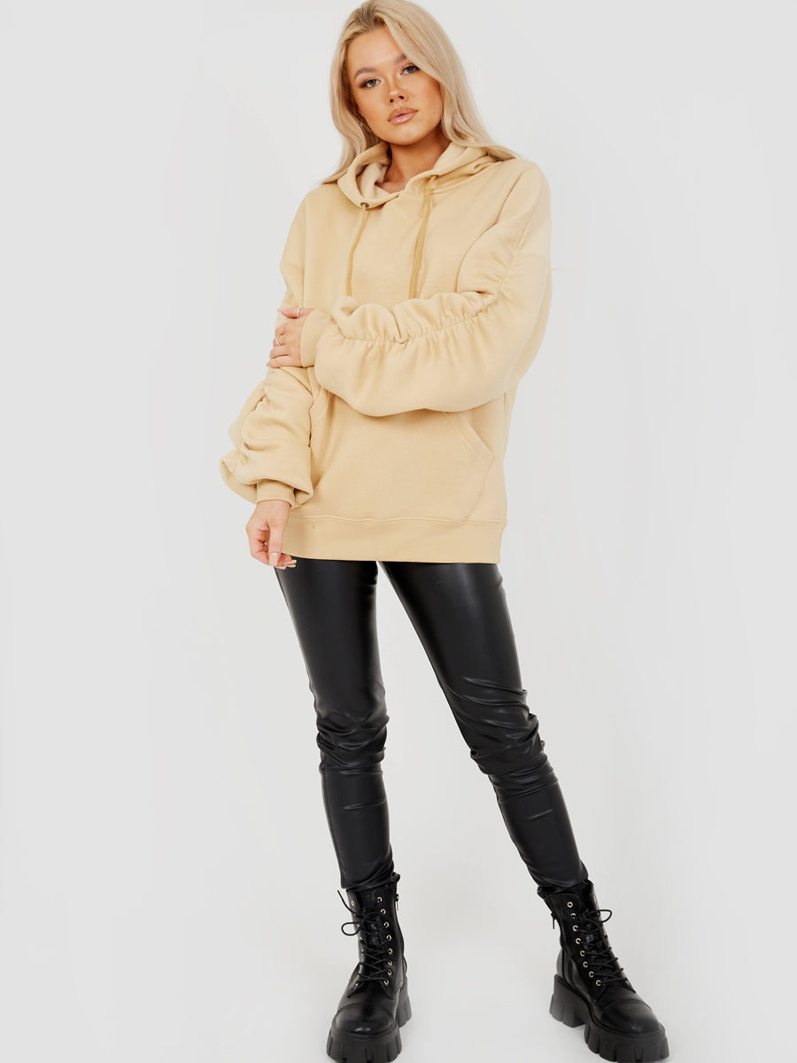 Ruched Sleeves Fleeced Hoodie
