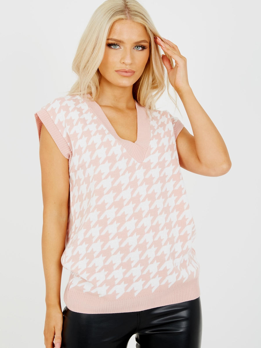 Dogtooth V-Neck Sleeveless Knitted Jumper