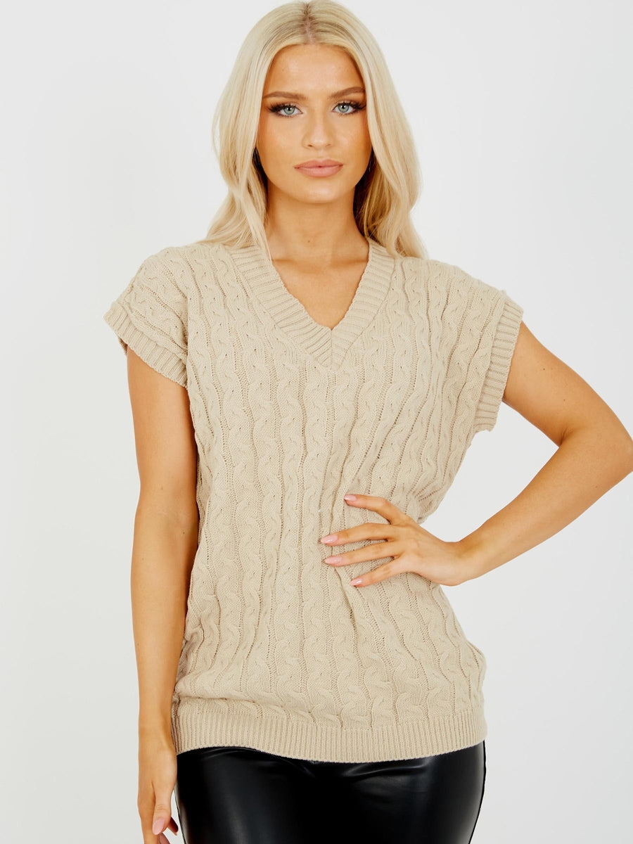 Cable Knit V-Neck Sleeveless Jumper