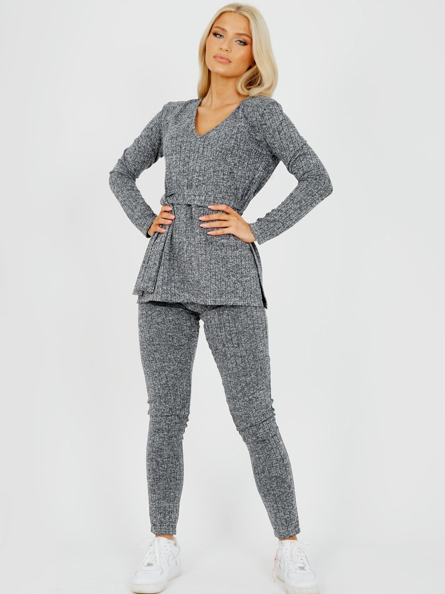 Melange Knit Ribbed Belted Top & Trouser Co-ord