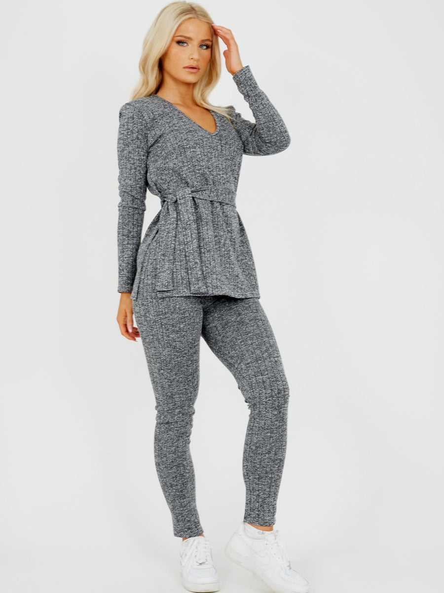 Melange Knit Ribbed Belted Top & Trouser Co-ord