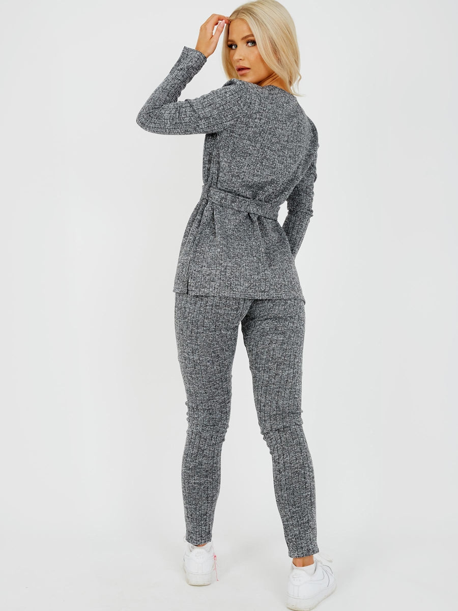 Melange Knit Ribbed Belted Top & Trouser Co-ord