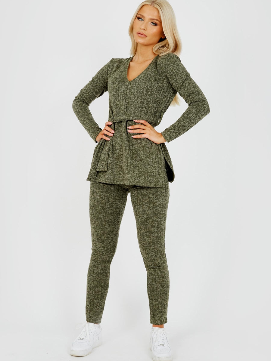 Melange Knit Ribbed Belted Top & Trouser Co-ord