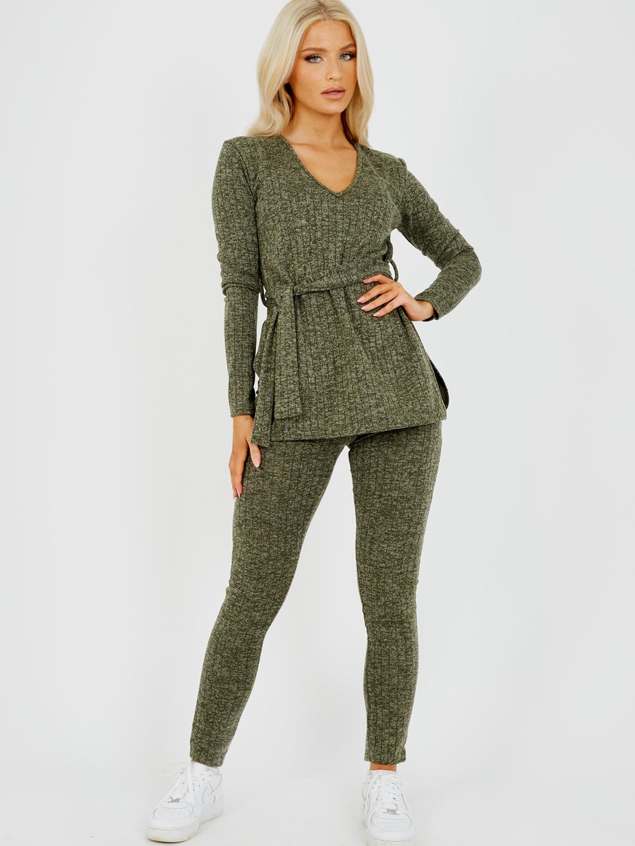 Melange Knit Ribbed Belted Top & Trouser Co-ord