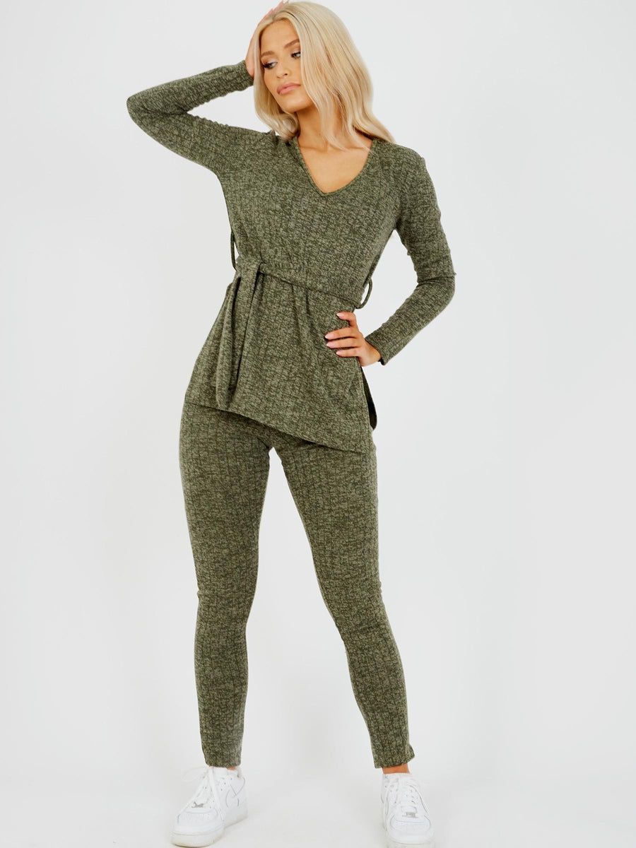Melange Knit Ribbed Belted Top & Trouser Co-ord