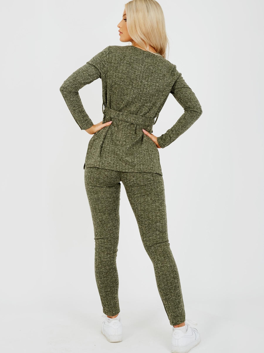 Melange Knit Ribbed Belted Top & Trouser Co-ord
