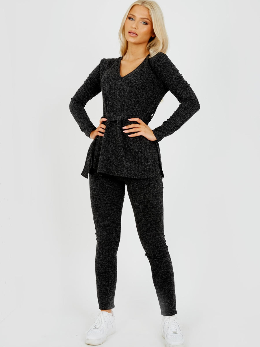Melange Knit Ribbed Belted Top & Trouser Co-ord