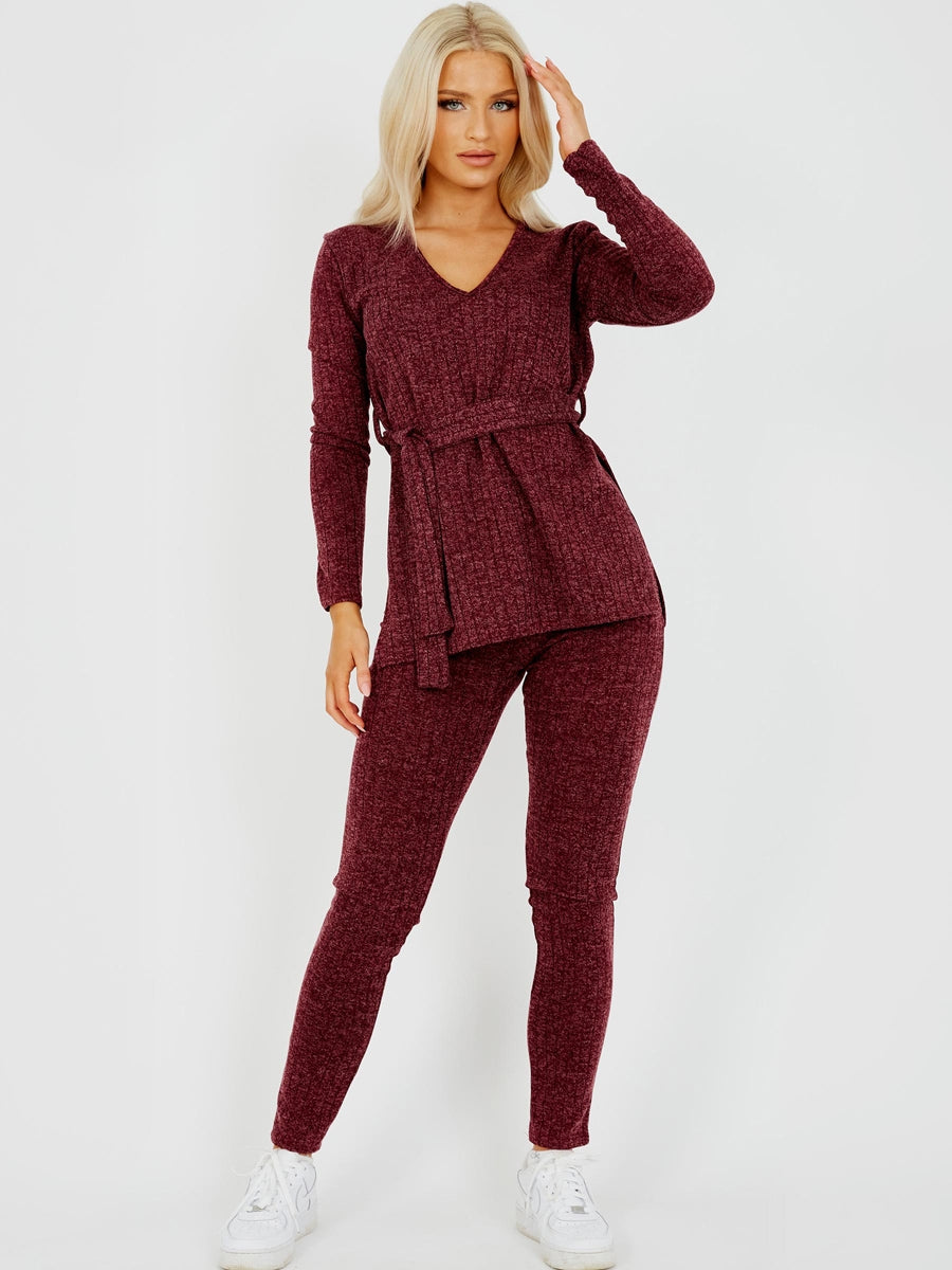 Melange Knit Ribbed Belted Top & Trouser Co-ord
