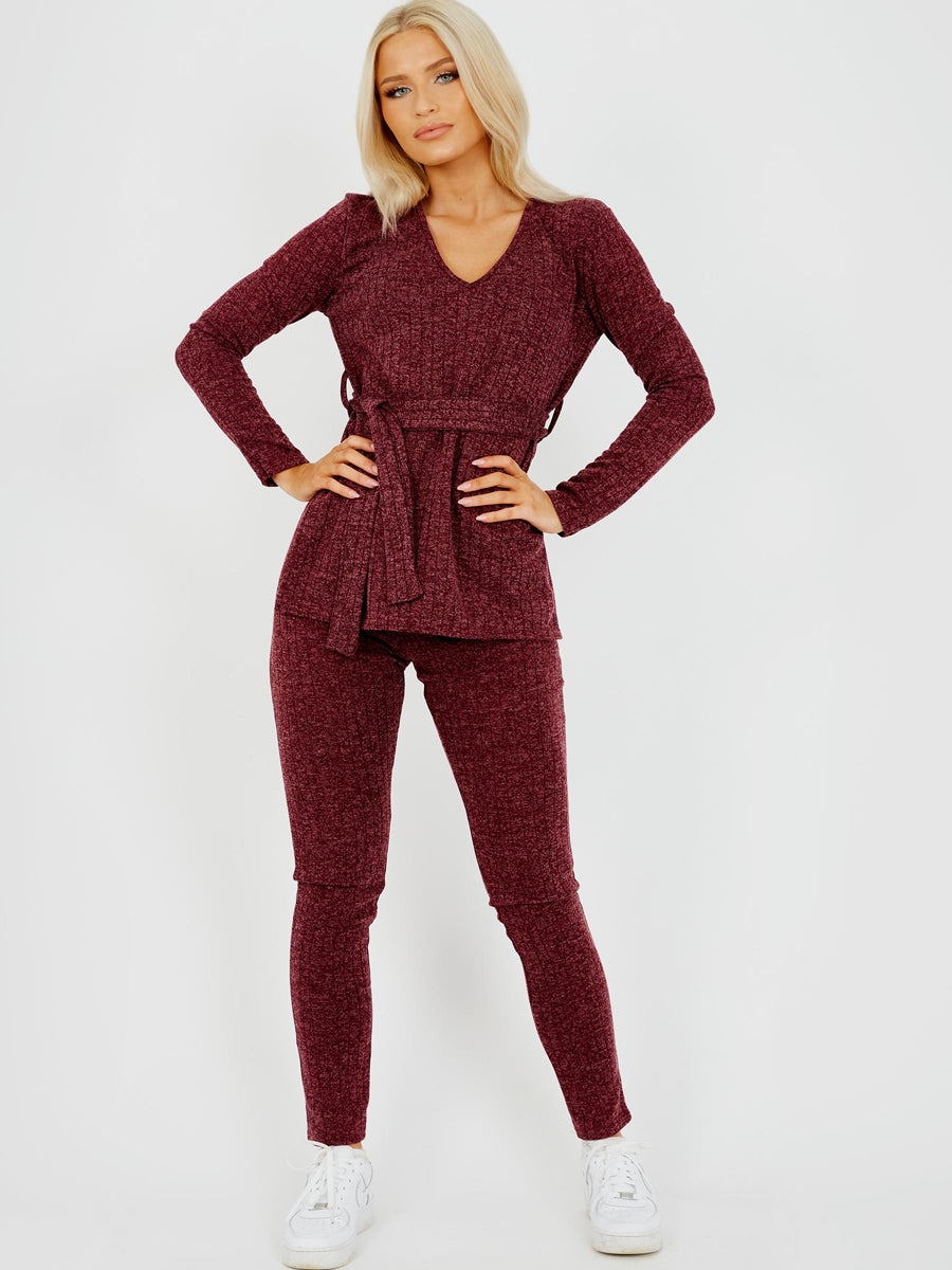 Melange Knit Ribbed Belted Top & Trouser Co-ord