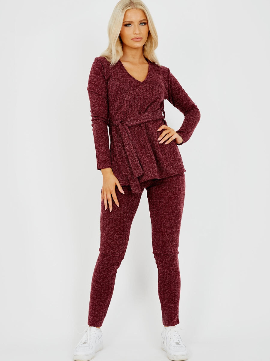 Melange Knit Ribbed Belted Top & Trouser Co-ord