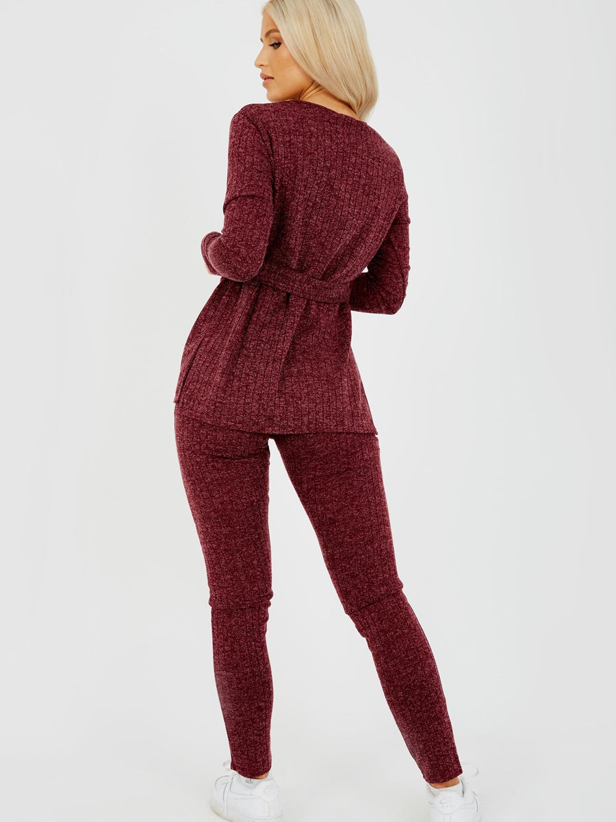 Melange Knit Ribbed Belted Top & Trouser Co-ord