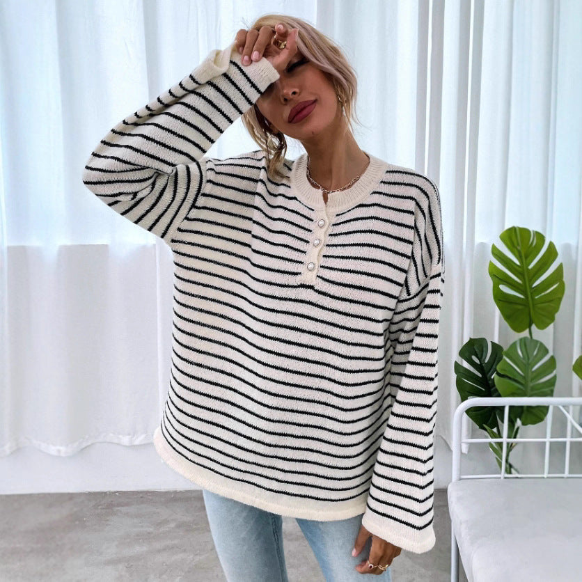 Women's Loose Casual Striped Contrast Color Loose Long Sleeve Top