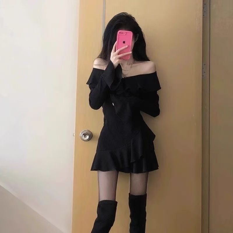 New Arrival Little Black Dress With Ruffled Hem V-neck And Flared Sleevessassy And Chic