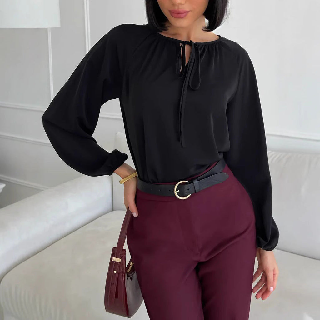 Lace-up Crew Neck Shirt Long Sleeve Simple And Stylish
