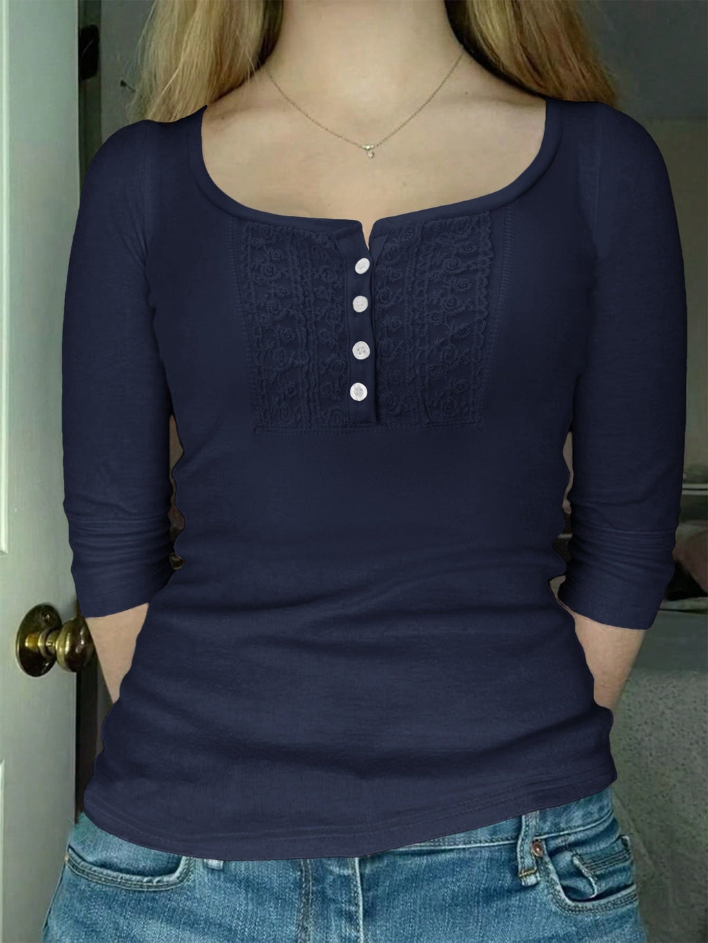 Versatile Button-down Long-sleeve Base T-shirt For Women