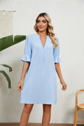 Summer Dress Solid Color V-neck Loose Pleated Half-sleeve Dress For Women