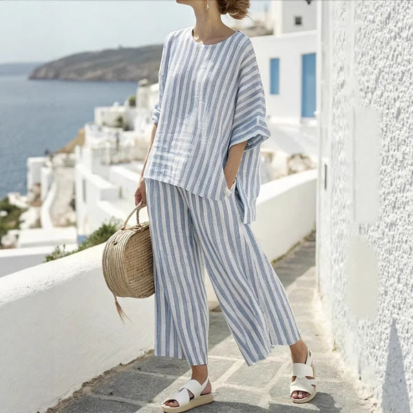 Summer Striped Suits Loose Batwing Sleeve T-shirt And Solid Straight-leg Pants