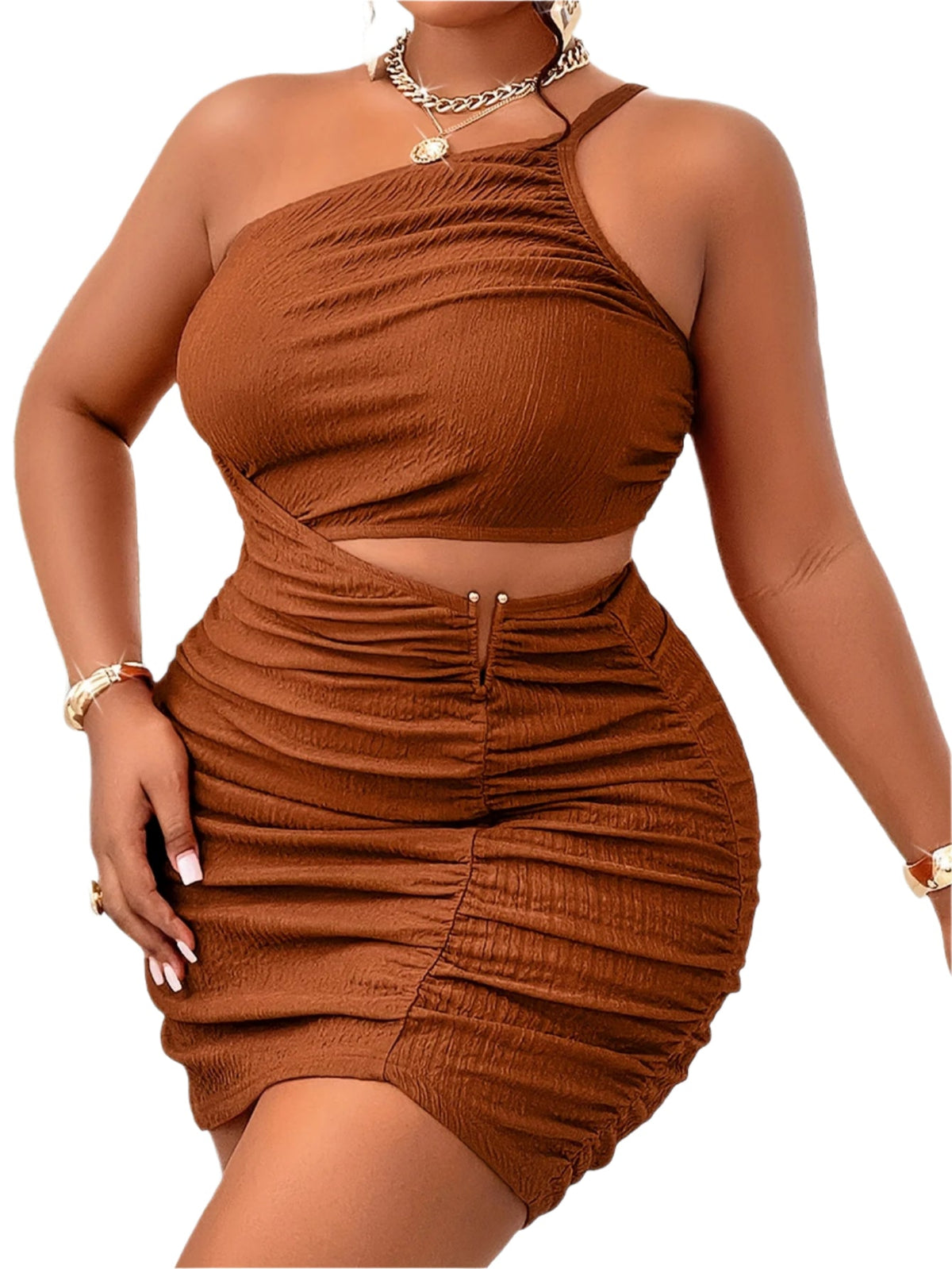 Women's Plus Size One-Shoulder Textured Finish, Golden Chain Detail, Ruched Waist, Bodycon Fit Dress
