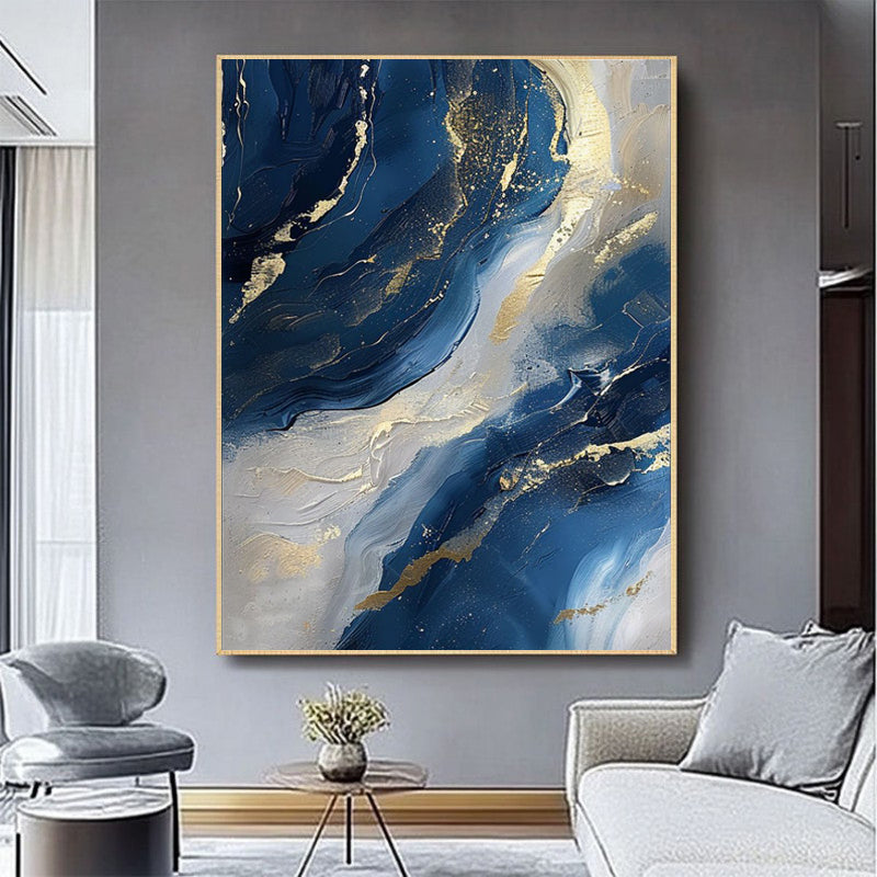 Luxury Handmade Abstract Oil Painting Wall Art Modern Golden Blue Minimalist Texture Canvas Mural For Living Room Decor Frameless