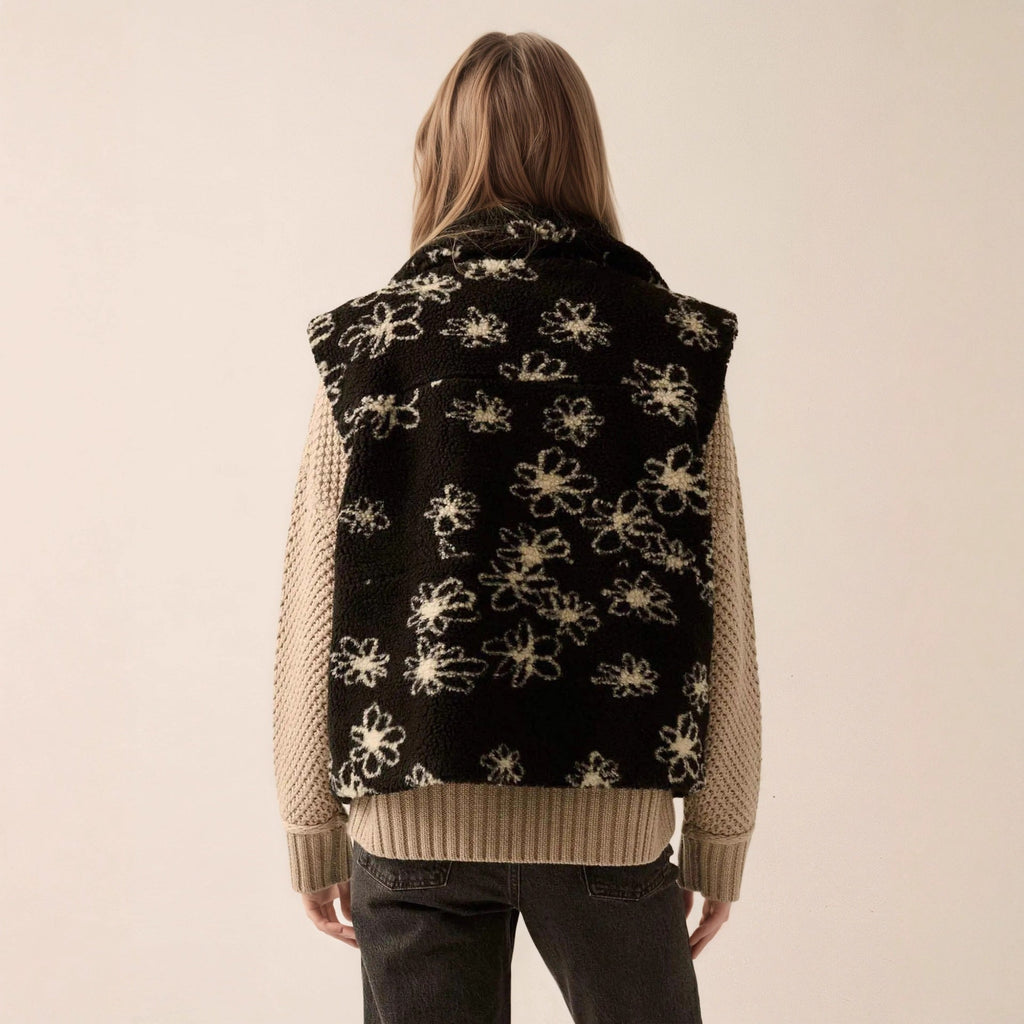 Fashion Polo Collar Flower Print Lamb Wool Vest