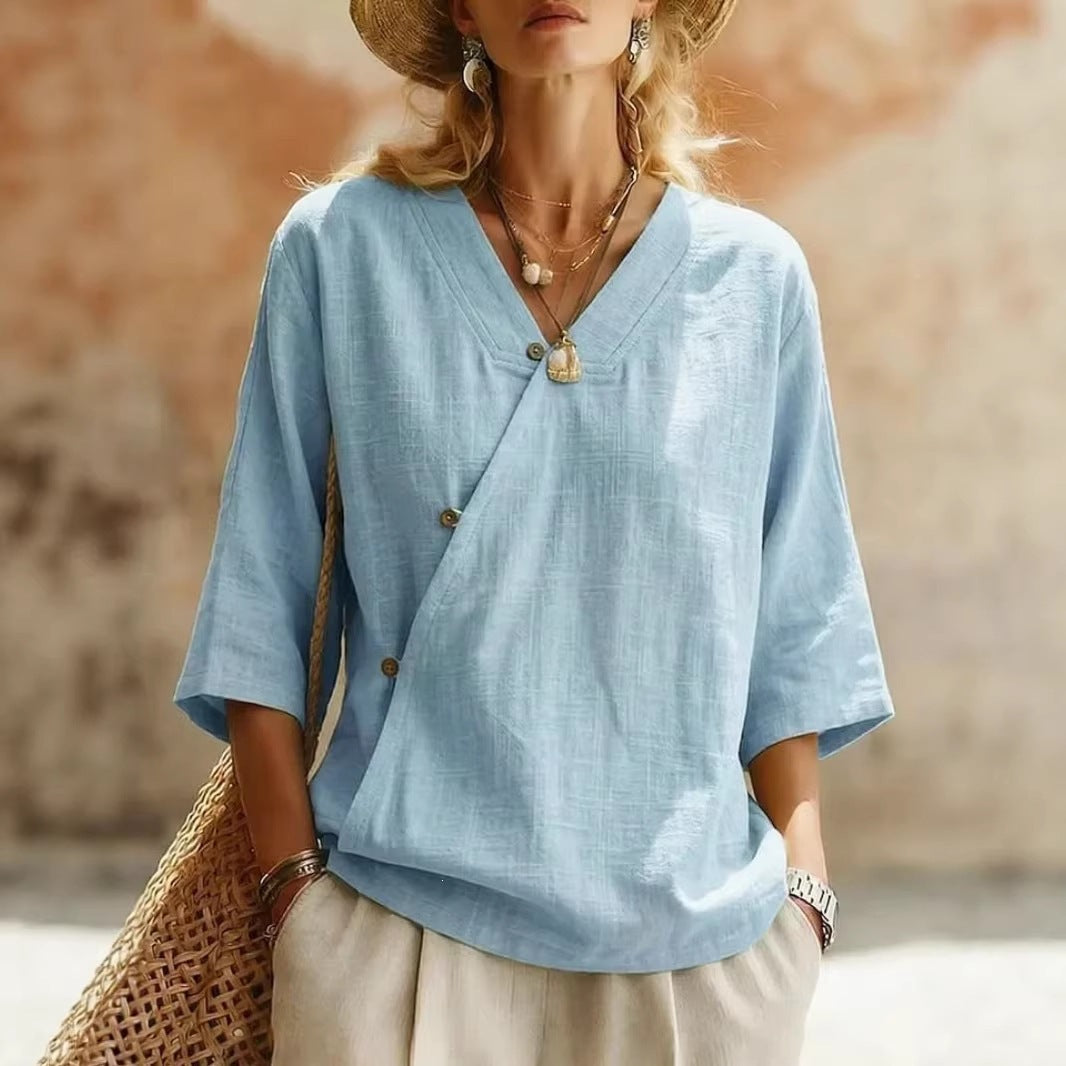 Women's Solid-Colored Cotton-Linen Button-Up Top