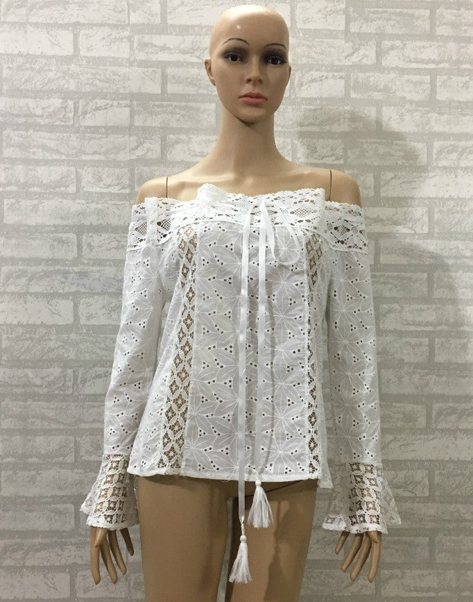 Sexy White Lace Blouse Shirt Women Fashion Off Shoulder Top Slash