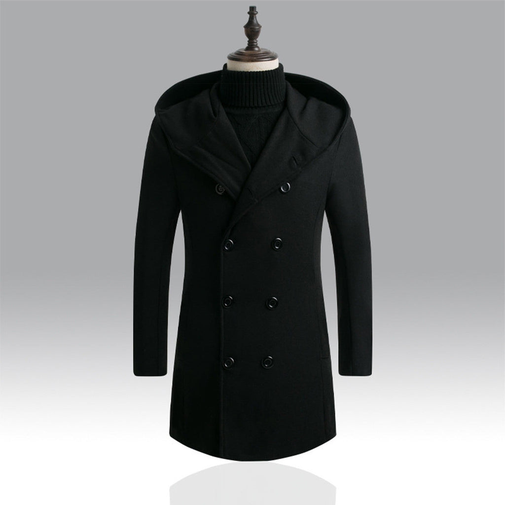 Men's Mid-Length Woolen Coat Padded Hooded Trench Coat