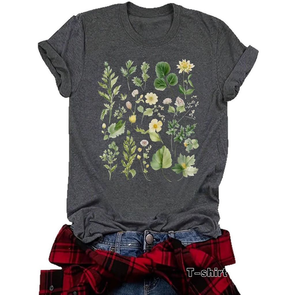 Fashionable Loose-fitting Casual Short-sleeve Top With Floral Print