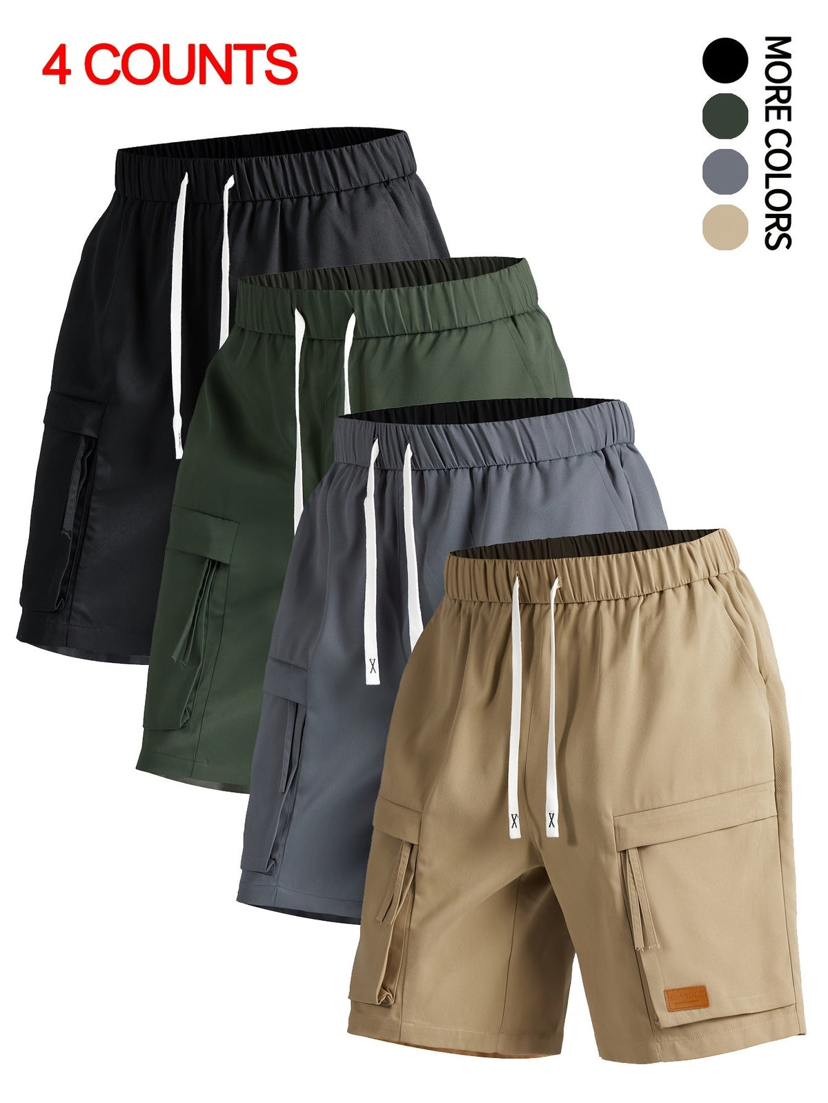 4pcs Men's Casual Cargo Shorts with Elastic Drawstring Waist & Multiple Pockets - Lightweight Summer Non-Stretch Fabric, Regular Fit
