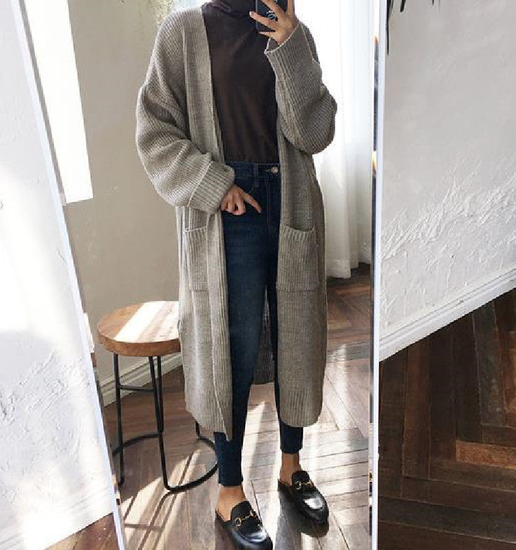 Women's Mid-length Crimped Solid Color Lazy Loose Knit Long-sleeved Sweater Coat