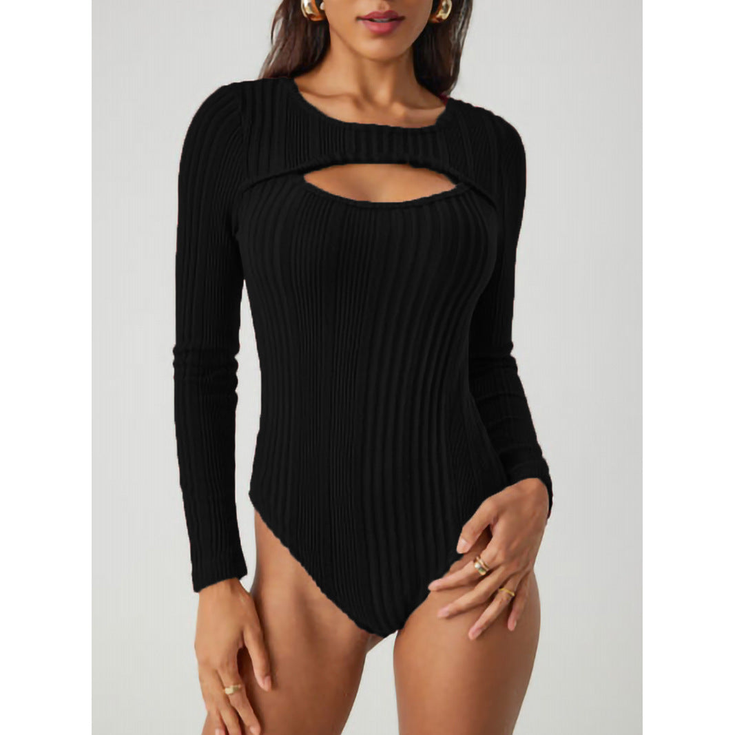 Sunken Stripe Hollow-out Slim-fit One-piece T-shirt Round Neck Long Sleeve Top