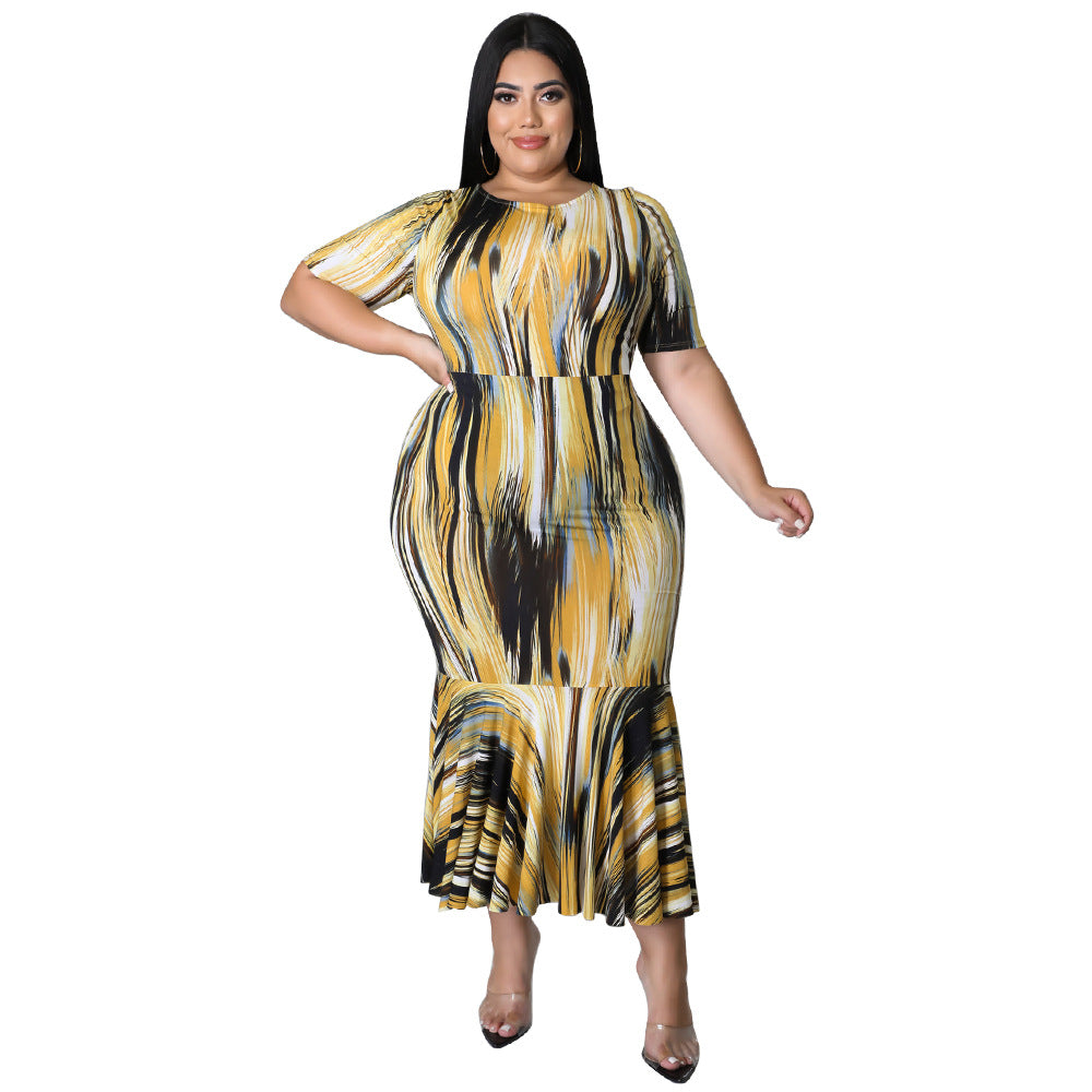 Women's Crew-Neck Short-Sleeve Ruffle-Trim Printed Plus-Size Dress