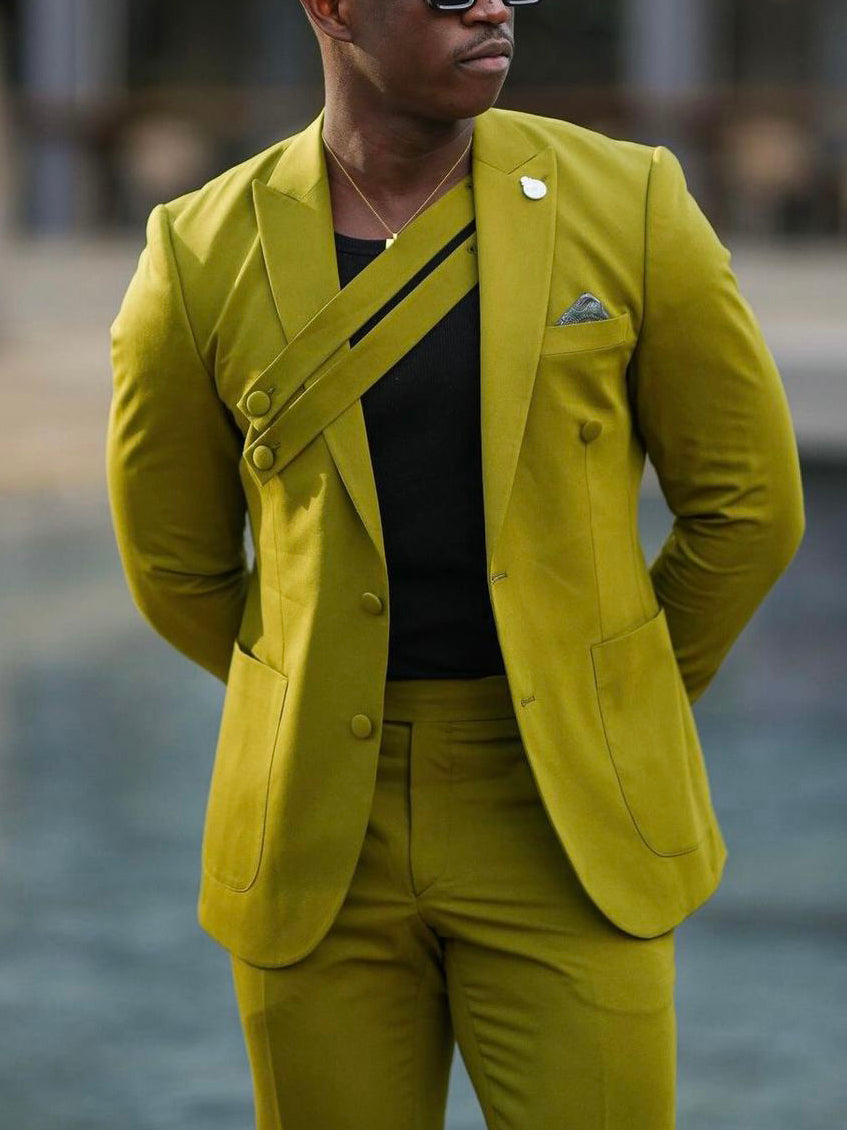 Olive Green Suit With Asymmetric Strap Detail And Tailored Fit