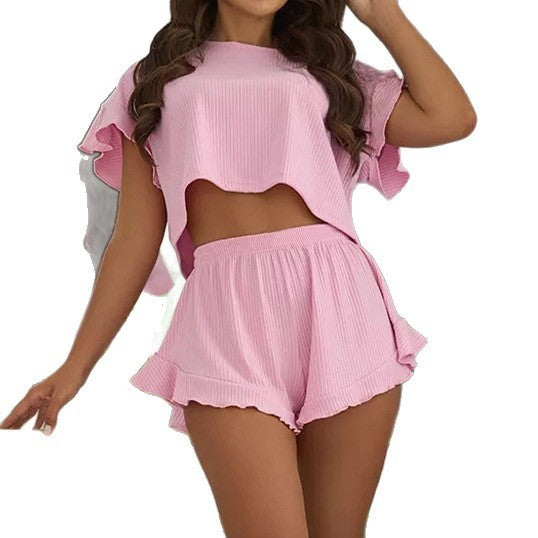 Ruffled Crop Top & Shorts Set – Loose Fit Women’s Loungewear Two-Piece