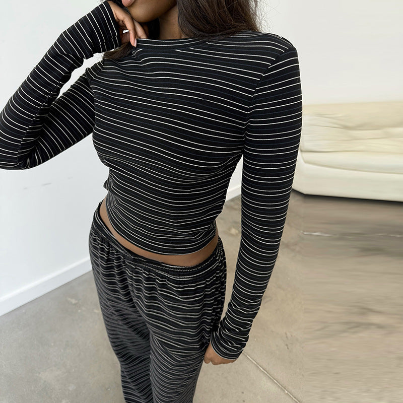 Round Neck Striped Long Sleeve Straight-leg Trousers Suit Women