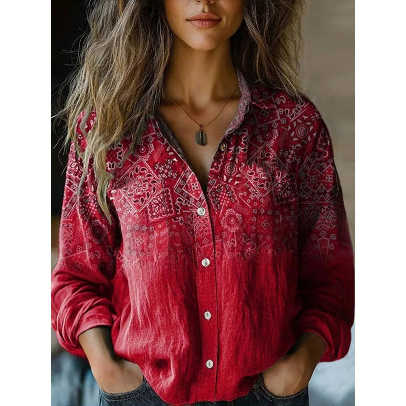 Retro Print Long Sleeve Casual Shirt