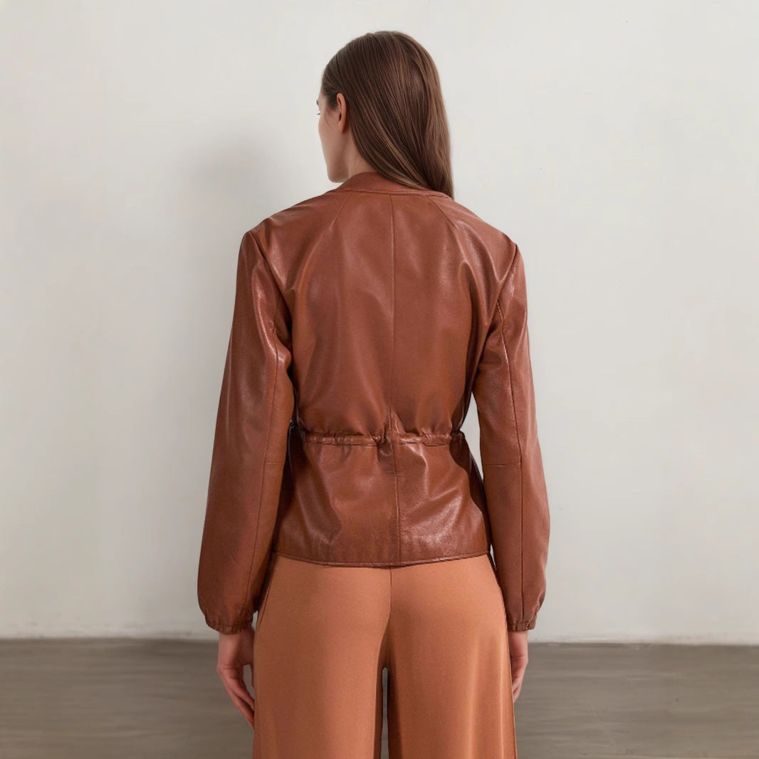 Round Neck Brown Drawstring Short Long Sleeve Leather Coat