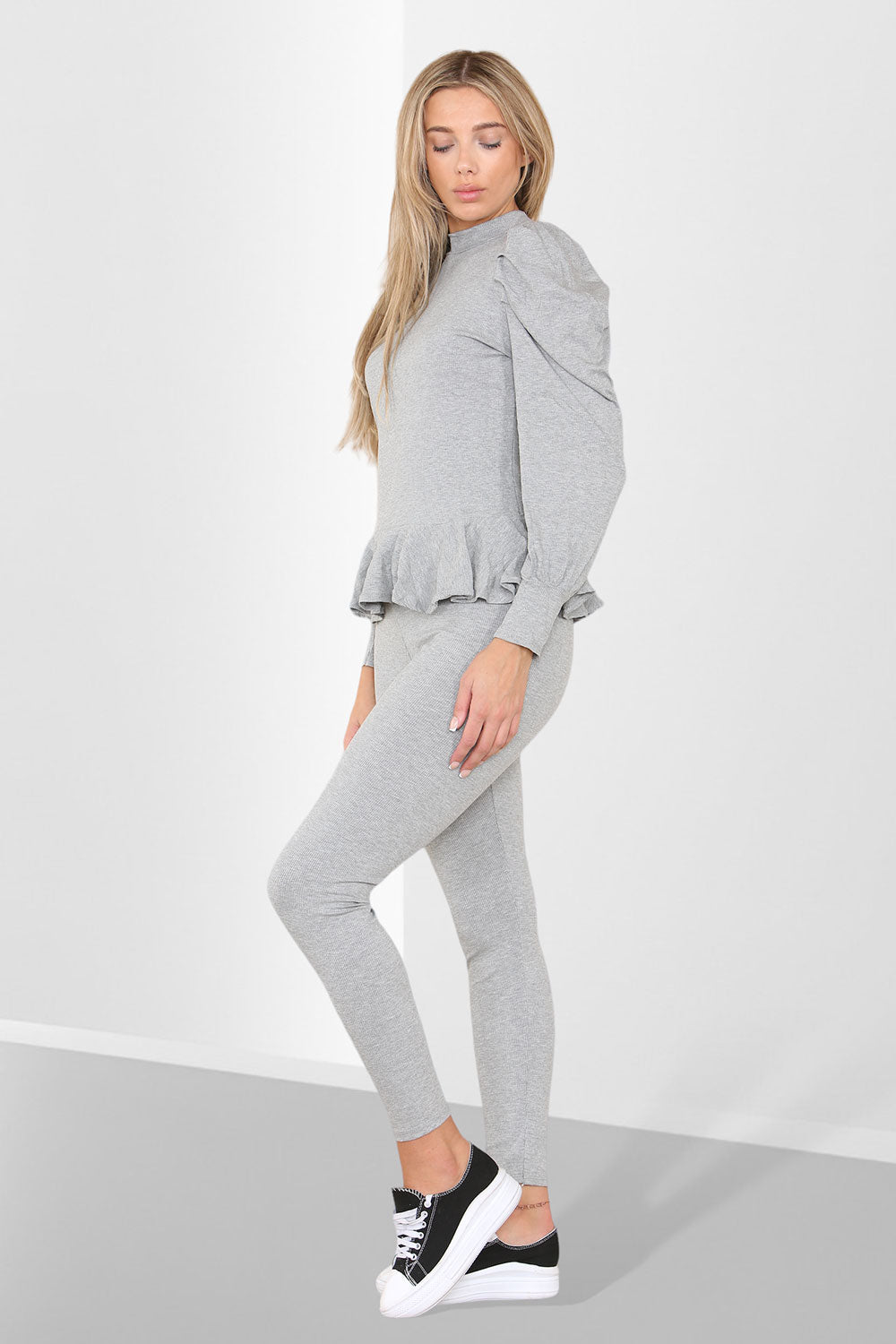 Puff Sleeves Set Frill Hem Peplum Ribbed Lounge Wear Suit