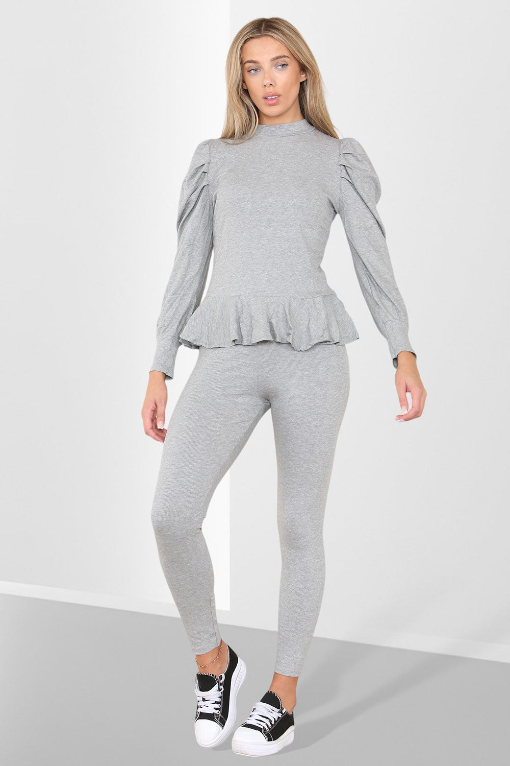 Puff Sleeves Set Frill Hem Peplum Ribbed Lounge Wear Suit