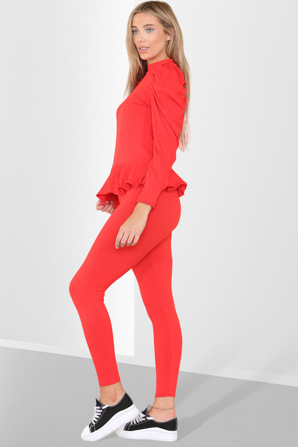 Puff Sleeves Set Frill Hem Peplum Ribbed Lounge Wear Suit