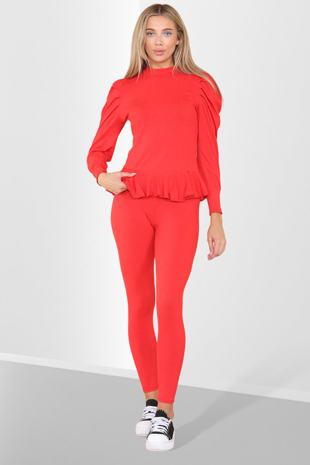 Puff Sleeves Set Frill Hem Peplum Ribbed Lounge Wear Suit