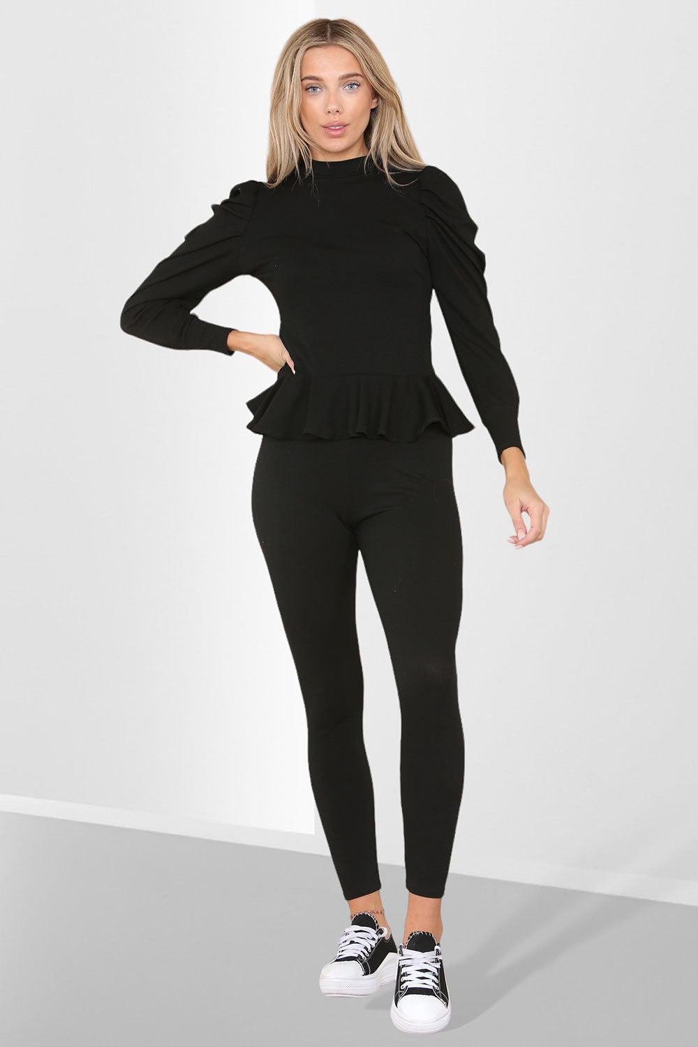 Puff Sleeves Set Frill Hem Peplum Ribbed Lounge Wear Suit