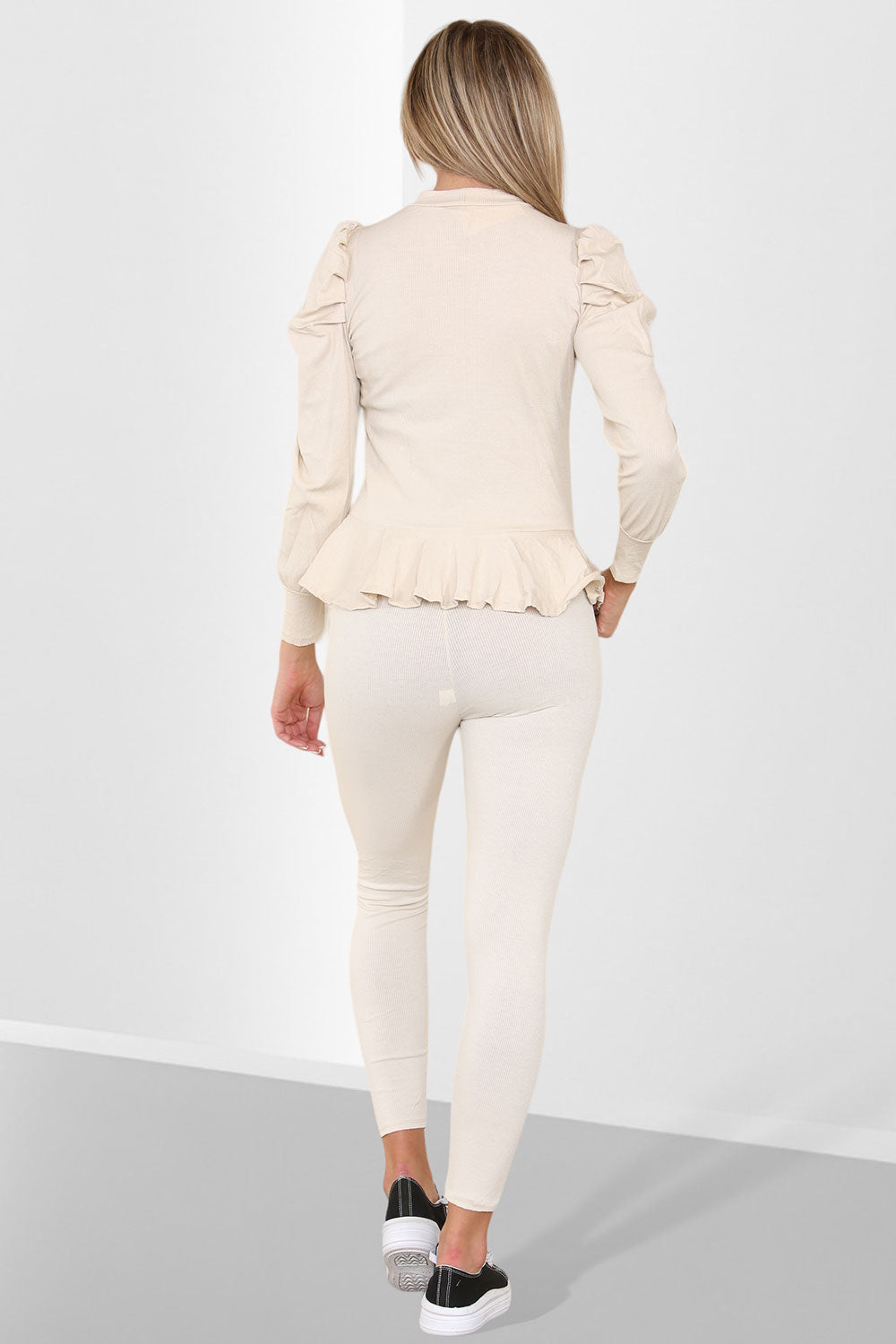 Puff Sleeves Set Frill Hem Peplum Ribbed Lounge Wear Suit