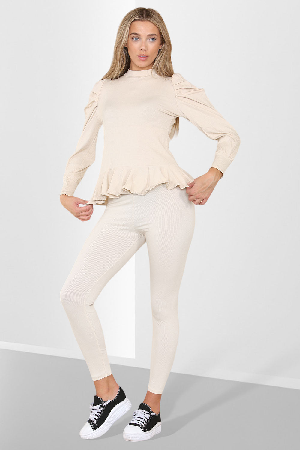 Puff Sleeves Set Frill Hem Peplum Ribbed Lounge Wear Suit