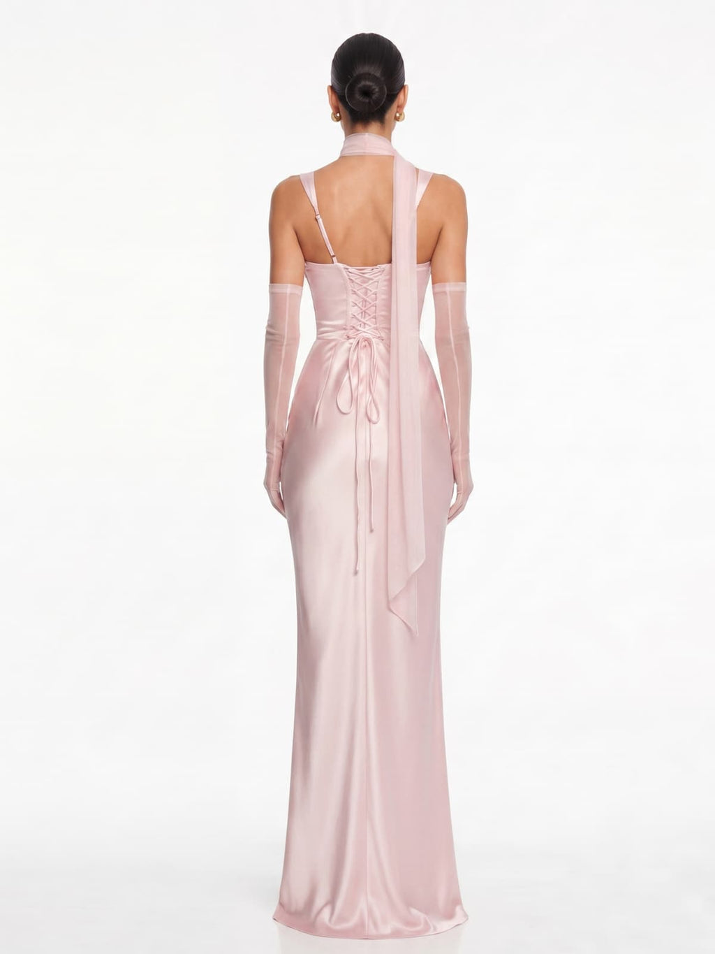 Berwick Lace Up Satin Maxi Dress In Blush