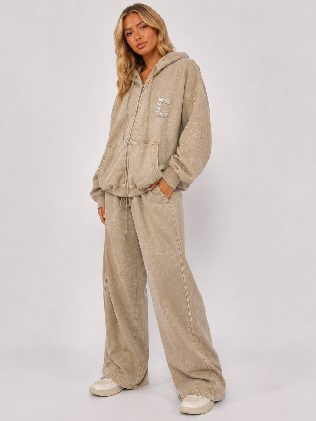 Diamanté Acid Wash Zip Hoodie & Trouser Co-Ord Set