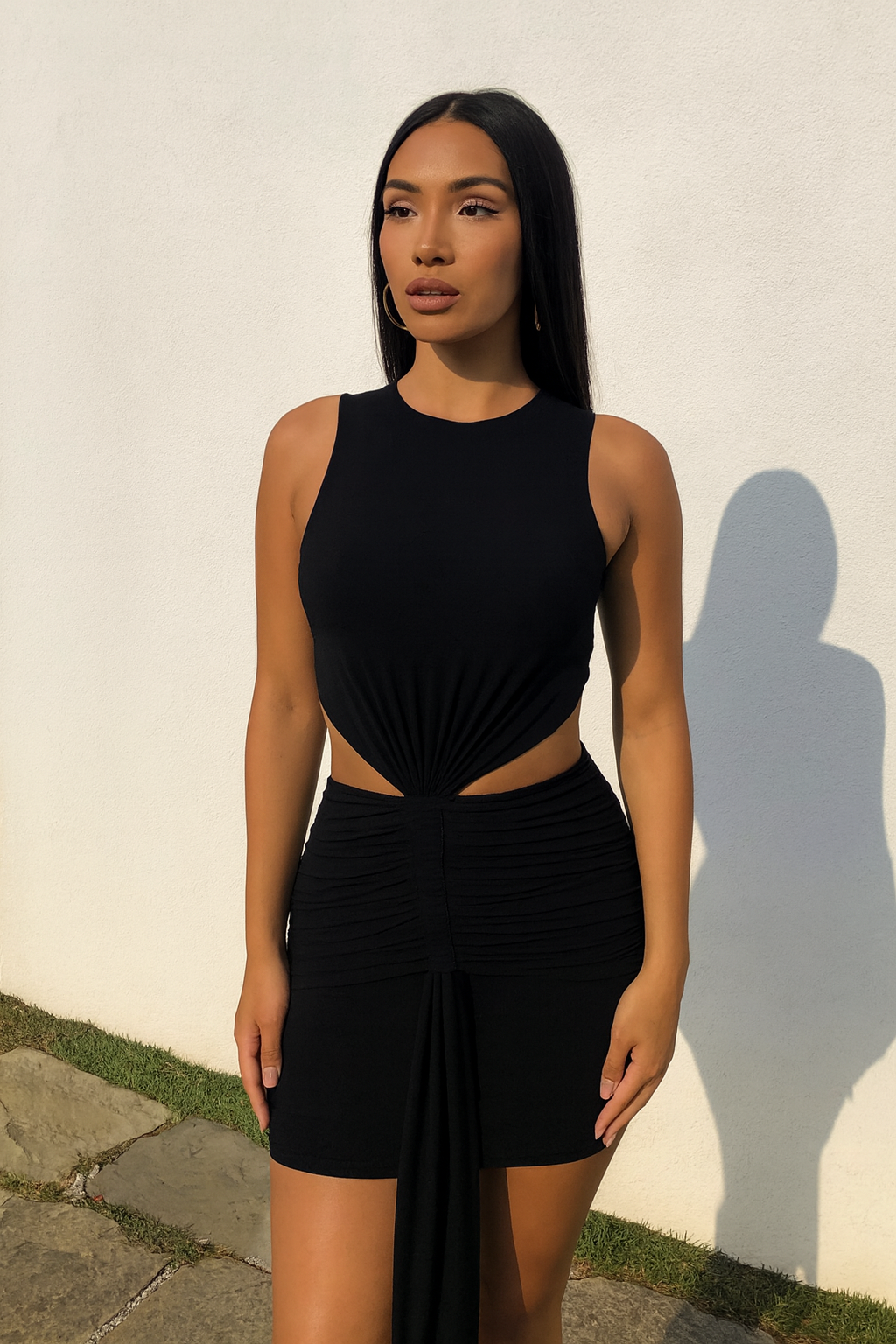 Cut-Out Ruched Bodycon Mini Dress With Drape Detail